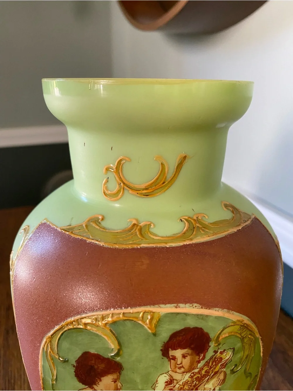 Early 20th Century French Mint Green Art Glass Vases Hand Painted Raised Gilt